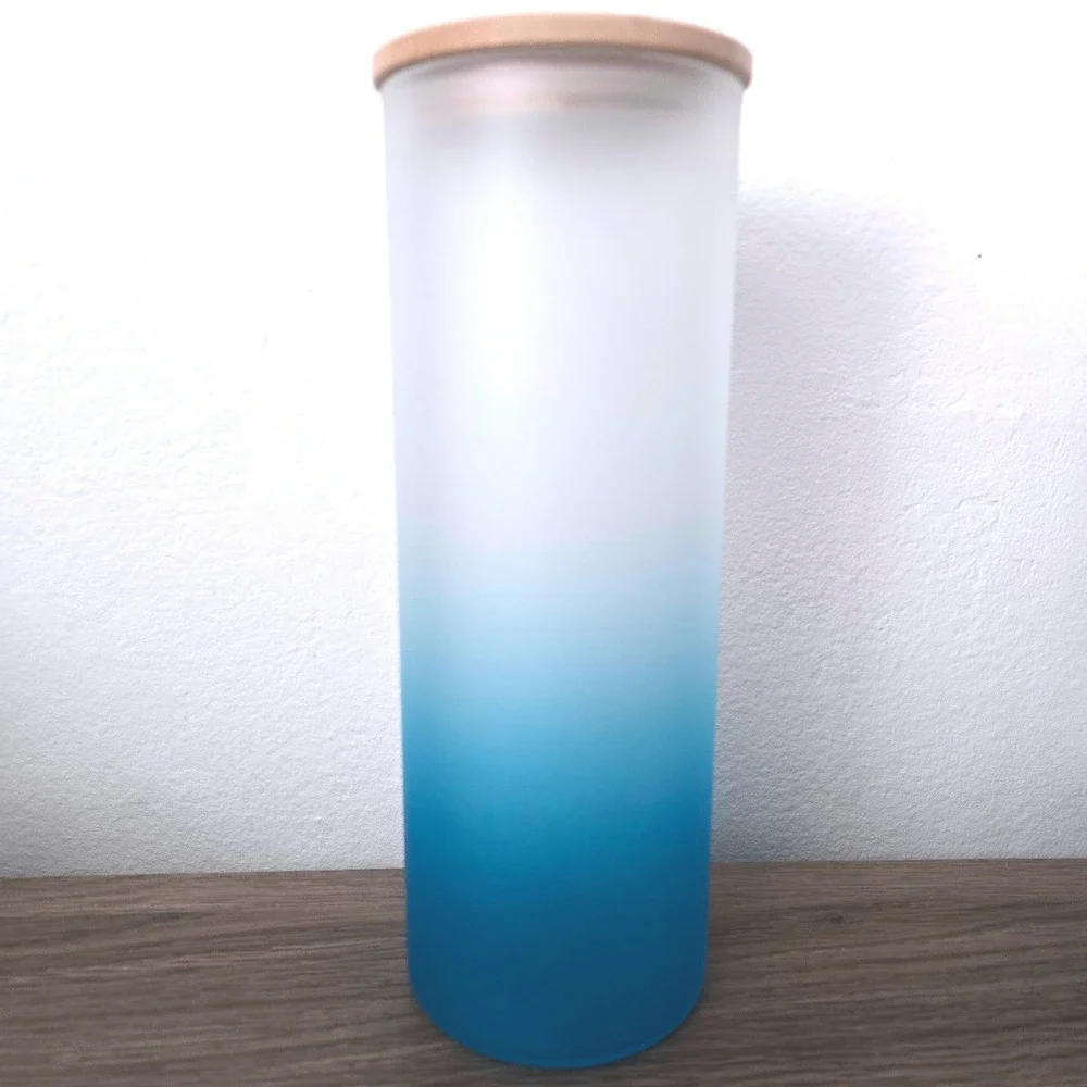 Teal Blue Ombre Frosted Glass Sublimation Tumbler Bamboo Lid 25oz Skinny DIY